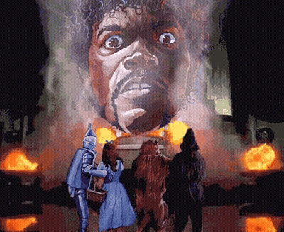 Wizard Of Oz Characters In Front Of Man's Head GIF