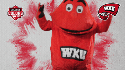 WKU Mascot In Front Of College Colors Day Sign GIF