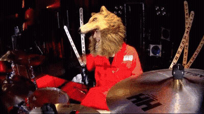 Wolf Head Person Playing Drums With HF Cymbal