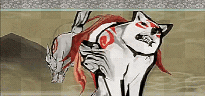 Wolf With Red Tail Next To Horse GIF