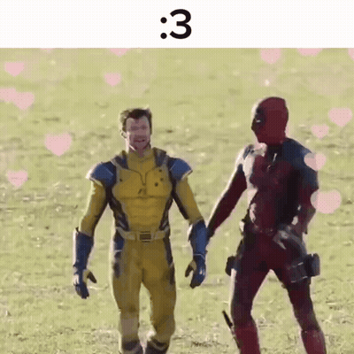 Wolverine And Deadpool Holding Hands With Hearts GIF