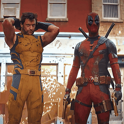 Wolverine And Deadpool Pose For Photo In Front Of Building GIF