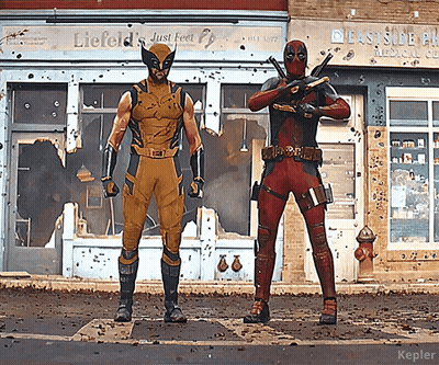 Wolverine And Deadpool Standing In Front Of Liefeld's Just Feel Building GIF