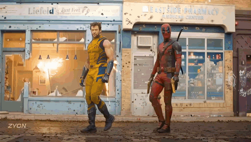 Wolverine And Deadpool Walking In Front Of A Store Called Liefeld 'S Just Feet GIF