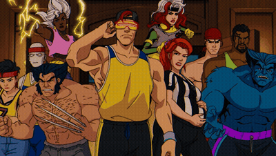 Wolverine And Rogue Posing With Group GIF