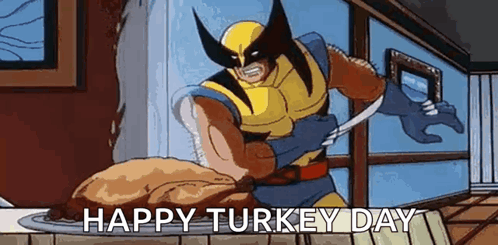 Wolverine Is Holding A Knife Over A Plate Of Turkey . GIF