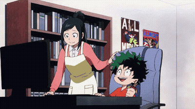 Woman And Boy In Front Of All Might Poster GIF