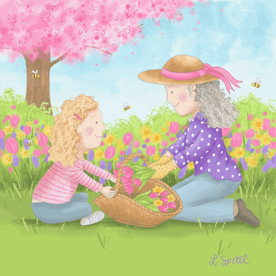 Woman And Girl Picking Flowers GIF
