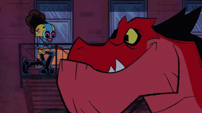 Woman And Red Monster With Heart GIF