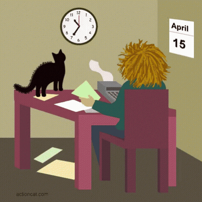Woman At Desk With Clock Saying April 15 GIF