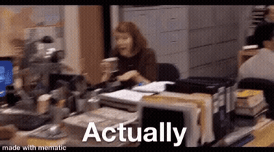Woman At Desk With Coffee Saying Actually GIF