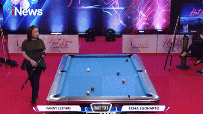 Woman At Pool Table With News Sign GIF