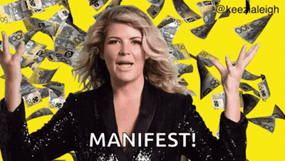 Woman Before Pile Of Money With Manifest GIF