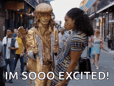 Woman Beside Statue With Guitar Im Sooo Excited GIF