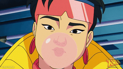 Woman Blowing Bubble With Marvel Logo GIF