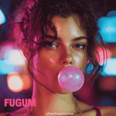 Woman Blowing Pink Bubble With Fugum GIF