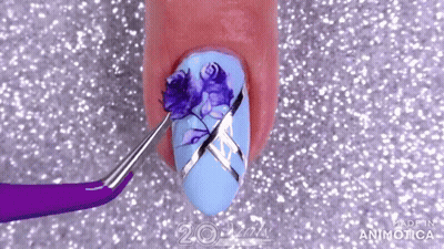 Woman Blue Nails With Purple Roses And Silver Stripes GIF