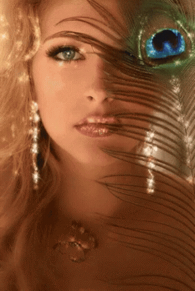 Woman Covering Face With Peacock Feather GIF