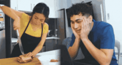 Woman Cutting Meat Man At Laptop GIF