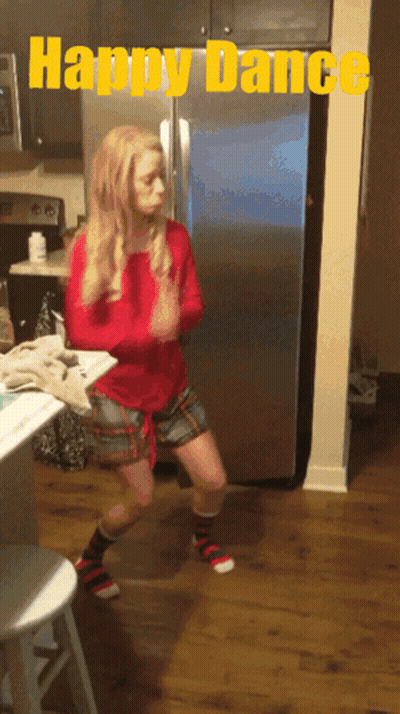 Woman Dancing Happy Dance In Front Of Refrigerator GIF