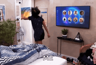 Woman Dancing In Front Of TV Saying Me GIF