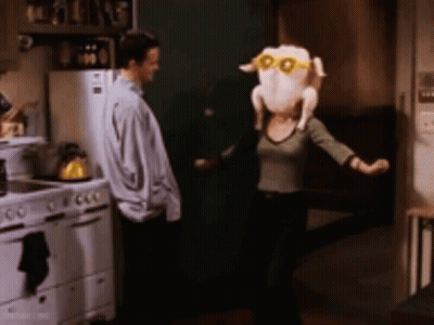 Woman Dancing In Kitchen With Turkey On Head GIF