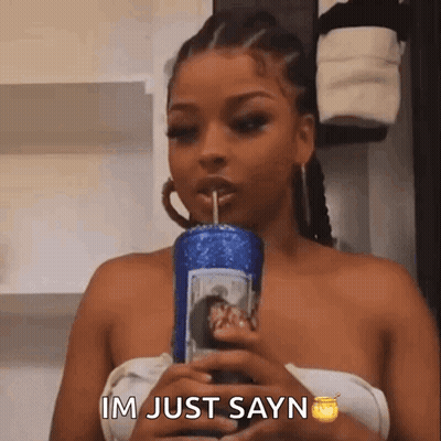 Woman Drinking From Blue Cup Saying Im Just Saying GIF