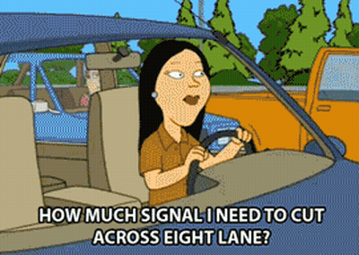 Woman Driving Car Saying How Much Signal I Need To Cut Across Eight Lane GIF