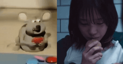 Woman Eating Apple Beside Cartoon Mouse GIF