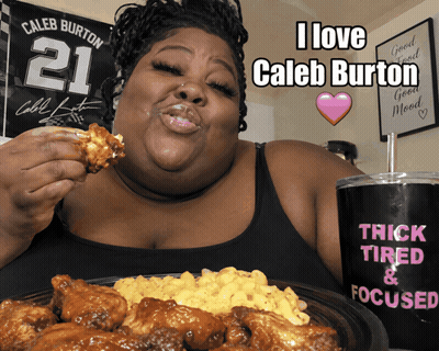 Woman Eating Chicken Wings Next To Cup Saying Trick Tired And Focused GIF