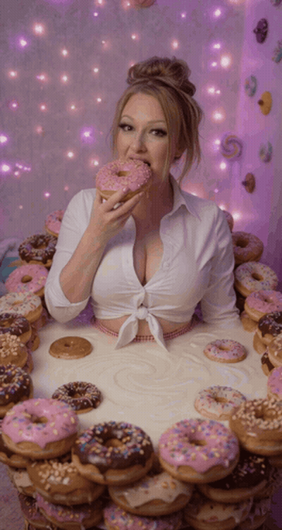 Woman Eating Donut In Front Of Table Full Of Donuts GIF