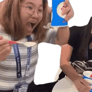 Woman Eating Ice Cream With Lanyard Sticker