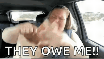Woman Eating Sandwich In Back Seat Saying They Owe Me GIF
