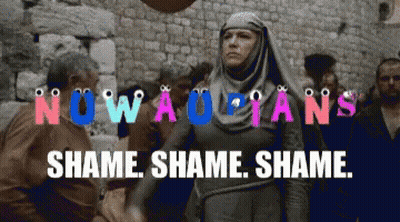 Woman Facing Crowd Saying Nowaolfans Shame Shame Shame GIF