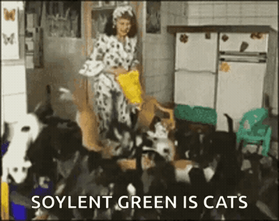 Woman Feeding Cats Saying Soylent Green Is Cats GIF