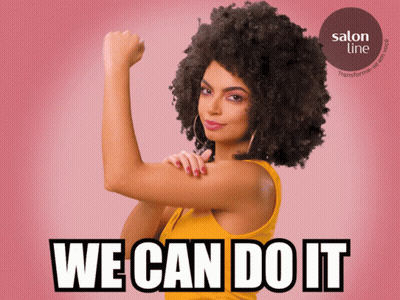 Woman Flexing Arm in Front of Salon Line Logo