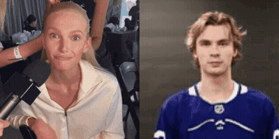 Woman Getting Hair Done Beside Hockey Player In Blue Jersey GIF