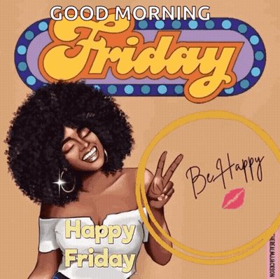 Woman Giving Peace Sign In Front Of Good Morning Friday Sign GIF