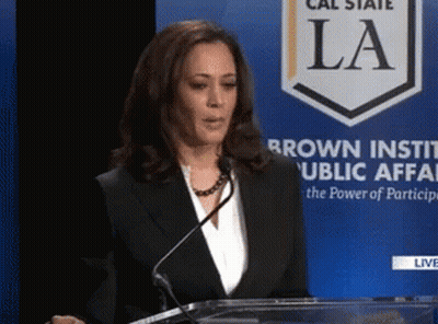 Woman Giving Speech In Front Of Sign Saying La GIF