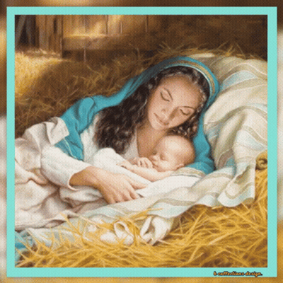 Woman Holding Baby In Hay Manger GIF