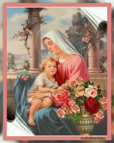 Woman Holding Baby With Vase Of Flowers GIF