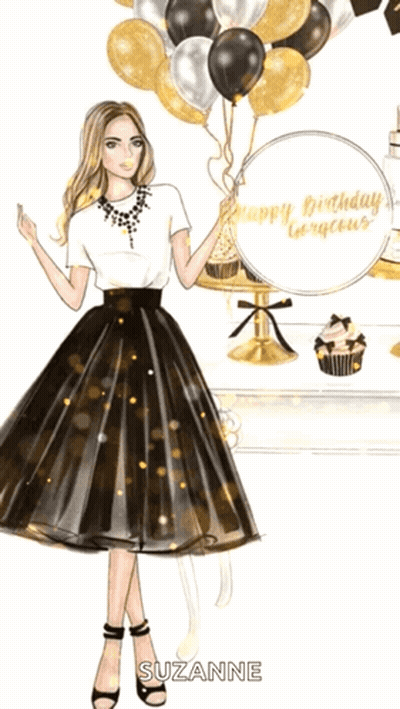 Woman Holding Balloons And Happy Birthday Sign GIF
