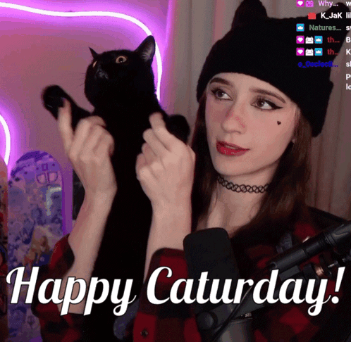 Woman Holding Black Cat Microphone Happy Saturday GIF
