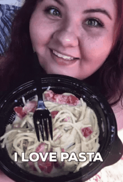 Woman Holding Bowl Of Pasta Saying I Love Pasta GIF