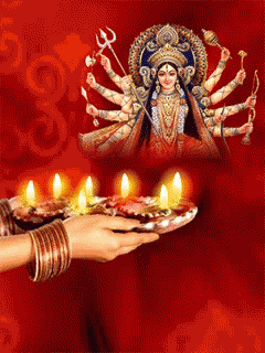 Woman Holding Candle Tray Before Goddess Painting GIF