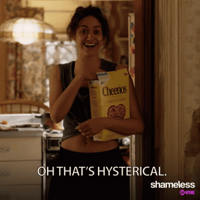 Woman Holding Cheerios Says Oh That's Hysterical Shameless GIF