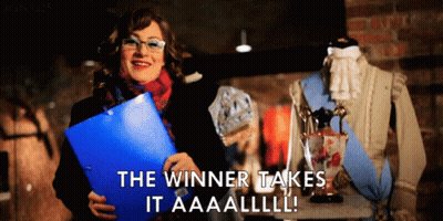 Woman Holding Clipboard Saying The Winner Takes It Aaaalllll GIF