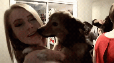 Woman Holding Dog Sniffing Her Face GIF