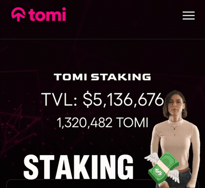 Woman Holding Dollar Bill In Front Of Tomi Staking Ad GIF