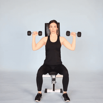 Woman Holding Dumbbells Overhead On Bench GIF
